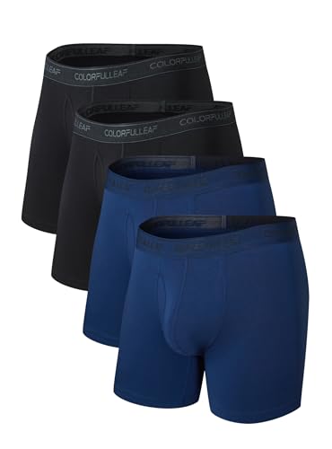 COLORFULLEAF Bambus Boxershorts Herren Lang 3/4er Pack Unterhosen Männer Stretch Atmungsaktiv Unterwäsche mit Eingriff(Schwarz + Blau-4er Pack,M) von COLORFULLEAF