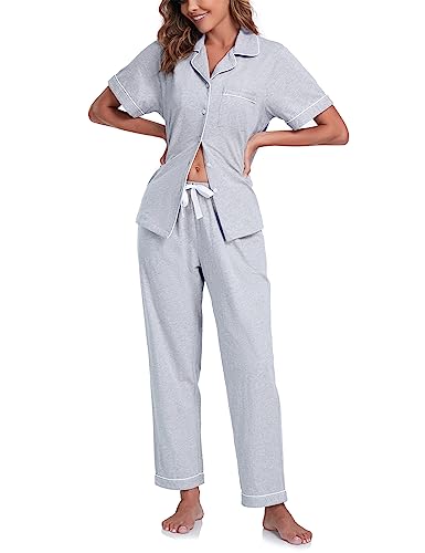 COLORFULLEAF Damen 100% Baumwolle Button Down Pyjama Sets Kurzarm Kerbkragen Nachtwäsche Pjs mit Lange Hose Loungewear, Grauer Schlafanzug mit kurzen Ärmeln, M von COLORFULLEAF