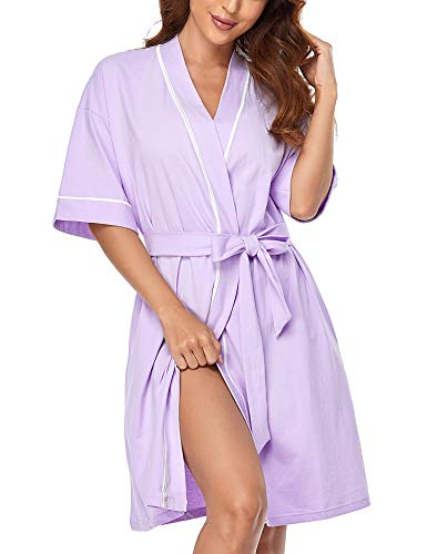 COLORFULLEAF Damen 100% Baumwolle Kurze Bademäntel Weich Spa Strick Bademantel Sommer Leicht Kimono Robe Nachtwäsche für Damen, Violett, Small von COLORFULLEAF