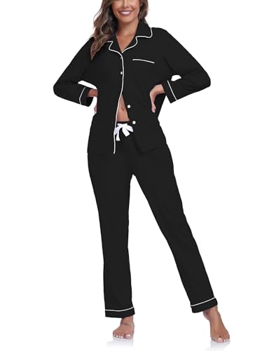 COLORFULLEAF Damen 100% Baumwolle Langarm Pyjama Sets Button Down Kerbkragen Nachtwäsche Weiche Lounge Pjs mit Taschen Schwarz M von COLORFULLEAF