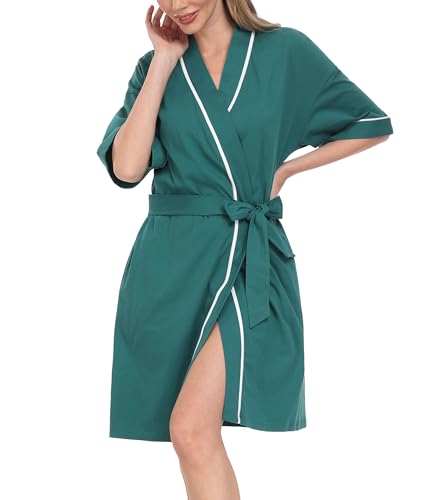 COLORFULLEAF Bademantel Damen Baumwolle Leicht Kurz Kurzarm Morgenmantel Sommer 3/4 Ärmeln Sauna Kimono Frauen Nachtwäsche(Grün 2XL) von COLORFULLEAF