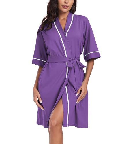 COLORFULLEAF 100% Baumwolle Bademäntel Damen Kurz Leicht Sommer Morgenmantel Kurzarm Sauna Kimono Weiche Dünn Frauen Nachtwäsche(Veilchen 2XL) von COLORFULLEAF