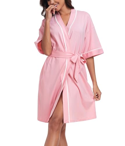 COLORFULLEAF 100% Baumwolle Bademäntel Damen Kurz Leicht Sommer Morgenmantel Kurzarm Sauna Kimono Weiche Dünn Frauen Nachtwäsche(Rosa L) von COLORFULLEAF