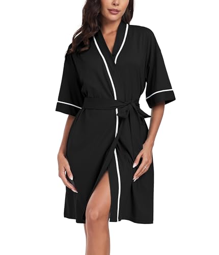 COLORFULLEAF 100% Baumwolle Bademäntel Damen Kurz Leicht Sommer Morgenmantel Kurzarm Sauna Kimono Weiche Dünn Frauen Nachtwäsche(Schwarz XL) von COLORFULLEAF