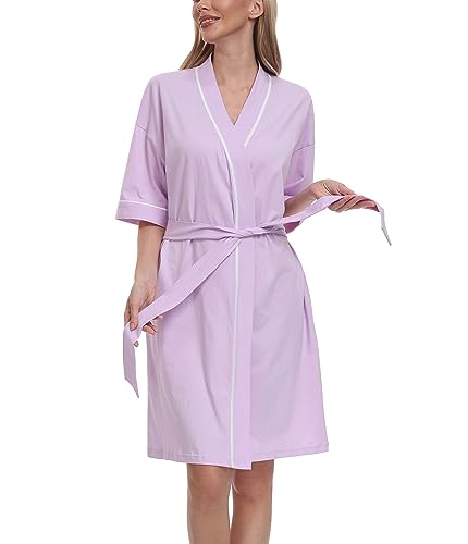 COLORFULLEAF Bademantel Damen Baumwolle Leicht Kurz Kurzarm Morgenmantel Sommer 3/4 Ärmeln Sauna Kimono Frauen Nachtwäsche(Violett M) von COLORFULLEAF