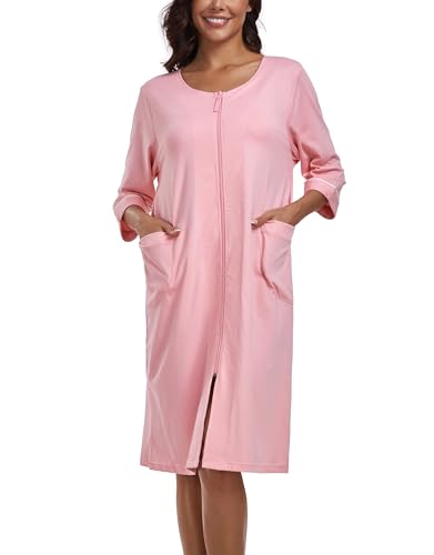 COLORFULLEAF Damen Bademantel mit Reißverschluss Leicht Morgenmantel 100% Baumwolle Hausmantel 3/4 Ärmel Nachthemd mit Taschen(Rosa,2XL) von COLORFULLEAF