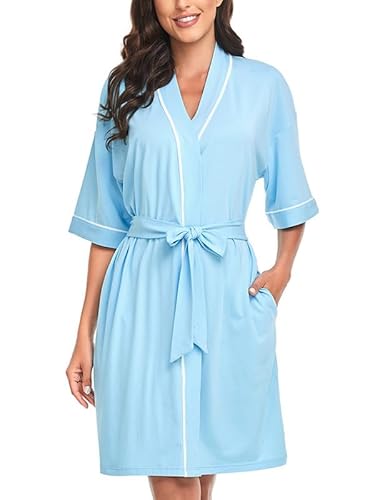 COLORFULLEAF Bademantel Damen Kurz aus Bambus Baumwolle Leichter Morgenmantel Damen Dünn Leicht Kimono Saunamante(Hellblau,2XL) von COLORFULLEAF