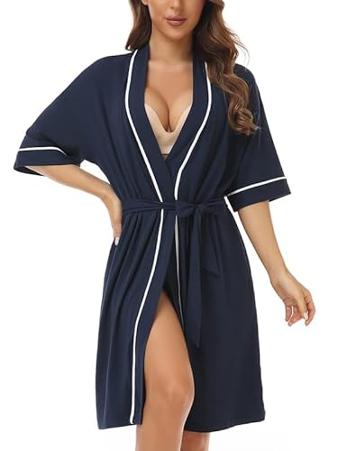 COLORFULLEAF Bademantel Damen Kurz aus Bambus Baumwolle Leichter Morgenmantel Damen Dünn Leicht Kimono Saunamante(Navy Blau,2XL) von COLORFULLEAF