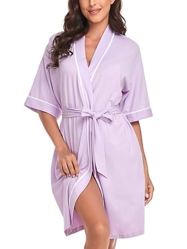 COLORFULLEAF Bademantel Damen Kurz aus Bambus Baumwolle Leichter Morgenmantel Damen Dünn Leicht Kimono Saunamante(Violett,S) von COLORFULLEAF