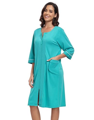 COLORFULLEAF Damen Bademantel mit Reißverschluss Leicht Morgenmantel 100% Baumwolle Hausmantel 3/4 Ärmel Nachthemd mit Taschen(Azurblau,2XL) von COLORFULLEAF