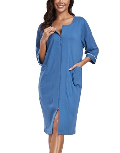 COLORFULLEAF Damen Bademantel mit Reißverschluss Leicht Morgenmantel 100% Baumwolle Hausmantel 3/4 Ärmel Nachthemd mit Taschen(Blau,M) von COLORFULLEAF