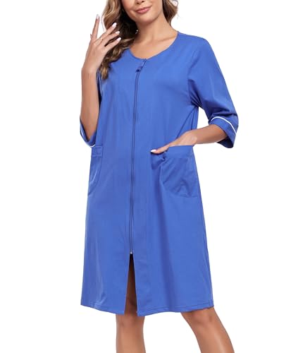 COLORFULLEAF Damen Bademantel mit Reißverschluss Leicht Morgenmantel 100% Baumwolle Hausmantel 3/4 Ärmel Nachthemd mit Taschen(Dark blue,L) von COLORFULLEAF