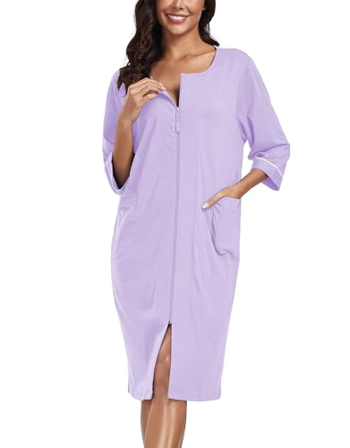 COLORFULLEAF Damen Bademantel mit Reißverschluss Leicht Morgenmantel 100% Baumwolle Hausmantel 3/4 Ärmel Nachthemd mit Taschen(Lila,L) von COLORFULLEAF