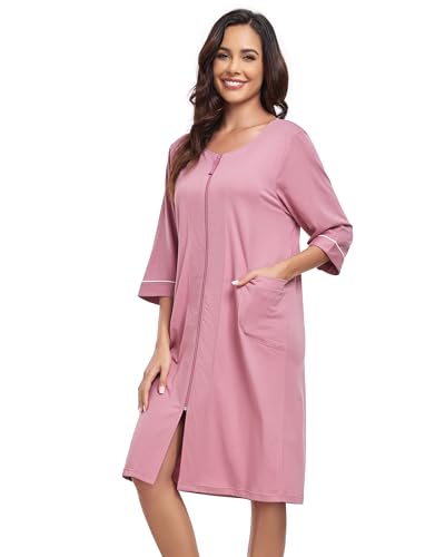 COLORFULLEAF Damen Bademantel mit Reißverschluss Leicht Morgenmantel 100% Baumwolle Hausmantel 3/4 Ärmel Nachthemd mit Taschen(Rosarot,L) von COLORFULLEAF
