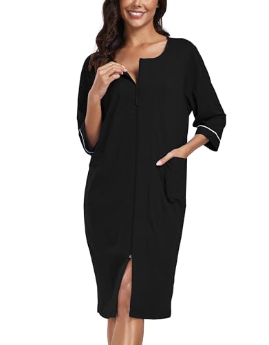 COLORFULLEAF Damen Bademantel mit Reißverschluss Leicht Morgenmantel 100% Baumwolle Hausmantel 3/4 Ärmel Nachthemd mit Taschen(Schwarz,S) von COLORFULLEAF