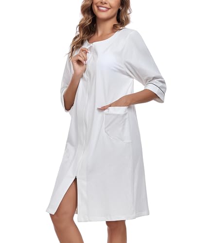 COLORFULLEAF Damen Bademantel mit Reißverschluss Leicht Morgenmantel 100% Baumwolle Hausmantel 3/4 Ärmel Nachthemd mit Taschen(White,M) von COLORFULLEAF