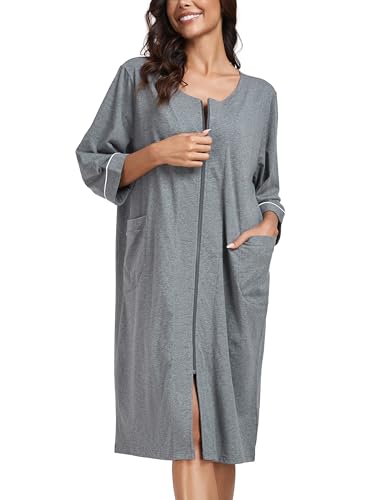 COLORFULLEAF Damen Bademantel mit Reißverschluss Leicht Morgenmantel 100% Baumwolle Hausmantel 3/4 Ärmel Nachthemd mit Taschen(Dunkelgrau,M) von COLORFULLEAF