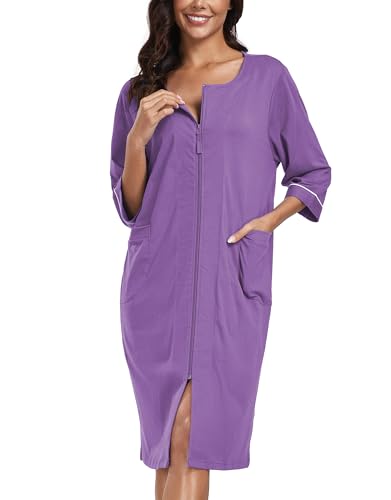 COLORFULLEAF Damen Bademantel mit Reißverschluss Leicht Morgenmantel 100% Baumwolle Hausmantel 3/4 Ärmel Nachthemd mit Taschen(Violett,S) von COLORFULLEAF