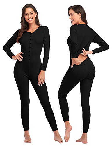 COLORFULLEAF Damen Baumwolle Thermounterwäsche Union Suits Langer Einteiler Pyjama Base Layer, Butt Flap PJ's Loungewear, Schwarze Knopfleiste, Medium von COLORFULLEAF