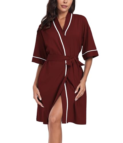 COLORFULLEAF Damen Morgenmantel 100% Baumwolle Kurz Ärmeln Leichte Kimono Bademäntel Saunamantel Robe Weiche Nachtwäsche(Weinrot 2XL) von COLORFULLEAF