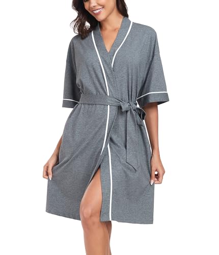 COLORFULLEAF Morgenmantel Damen Kurzarm 100% Baumwolle Bademantel Leicht Saunamantel Sommer Kimono Weiche Nachtwäsche(Dunkelgrau 2XL) von COLORFULLEAF