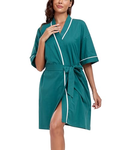 COLORFULLEAF Bademantel Damen Baumwolle Leicht Kurz Kurzarm Morgenmantel Sommer 3/4 Ärmeln Sauna Kimono Frauen Nachtwäsche(Grün XL) von COLORFULLEAF