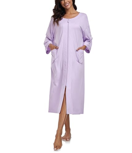 COLORFULLEAF Damen Morgenmantel mit Reißverschluss Bademantel Lang Baumwolle Leicht Schlafanzug/Saunamantel mit Taschen(Hellviolett,M) von COLORFULLEAF