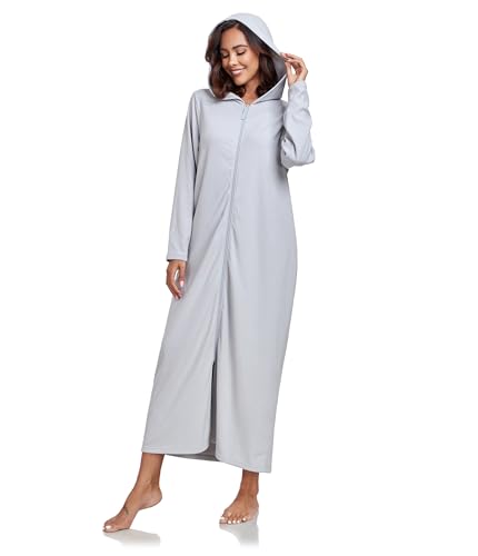 COLORFULLEAF Damen Reißverschluss Bademantel Langarm Kapuze Fleece Bademantel Weich Warm Hausmantel Loungewear mit Taschen(Hellgrau,XL) von COLORFULLEAF