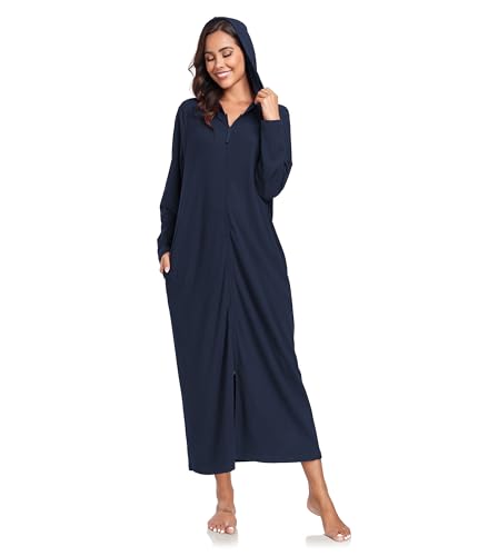 COLORFULLEAF Damen Reißverschluss Bademantel Langarm Kapuze Fleece Bademantel Weich Warm Hausmantel Loungewear mit Taschen(Navy Blau,2XL) von COLORFULLEAF