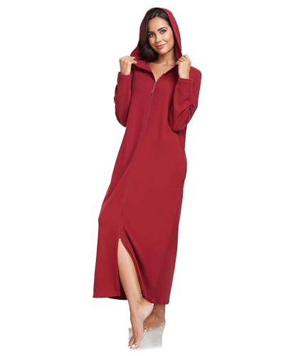 COLORFULLEAF Damen Reißverschluss Bademantel Langarm Kapuze Fleece Bademantel Weich Warm Hausmantel Loungewear mit Taschen(Weinrot,L) von COLORFULLEAF