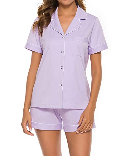 COLORFULLEAF Damen-Schlafanzug, 100 % Baumwolle, kurz, weich, kurzärmelig, Nachtwäsche, Knopfleiste, Sommer-Pyjama-Set mit Taschen, S-XXL, A3_light purple, M von COLORFULLEAF