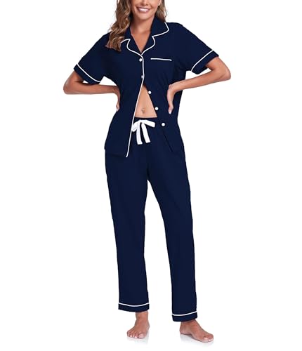 COLORFULLEAF 100% Baumwolle Damen Schlafanzug mit Knopfleiste Nachtwäsche Pyjama Set Zweiteiliger Kurzarm Lange Hose Hausanzug(Navy Blau L) von COLORFULLEAF