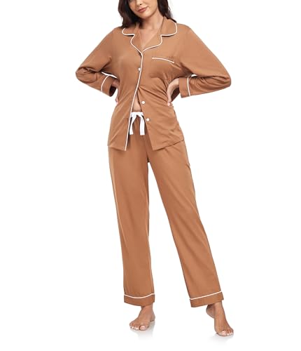 COLORFULLEAF Schlafanzug Damen Lang Baumwolle mit Knopfleiste Langarm Pyjama Set Nachtwäsche Schlafanzüge für Frauen Zweiteiler(Braun,M) von COLORFULLEAF
