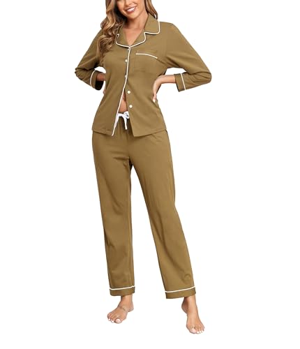 COLORFULLEAF Schlafanzug Damen Lang Baumwolle mit Knopfleiste Langarm Pyjama Set Nachtwäsche Schlafanzüge für Frauen Zweiteiler(Olivgrün,L) von COLORFULLEAF
