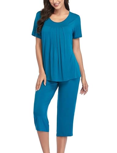 COLORFULLEAF Schlafanzug Damen Still Pyjama Set Zweiteiler Damen Sommer Leichter Kurzarm Nachtwäsche und Schlafanzug 3/4 Hose(Türkisblau,L) von COLORFULLEAF