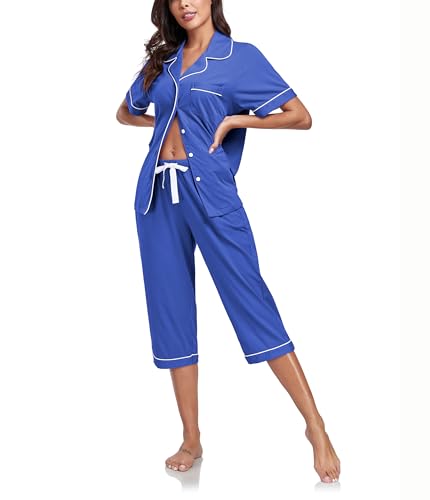 COLORFULLEAF Damen Schlafanzug aus 100% Baumwolle Sommer Pyjama Capri Set Zweiteiliger Kurzarm Top mit Knöpfe und 3/4 Hose(Blau,XL) von COLORFULLEAF
