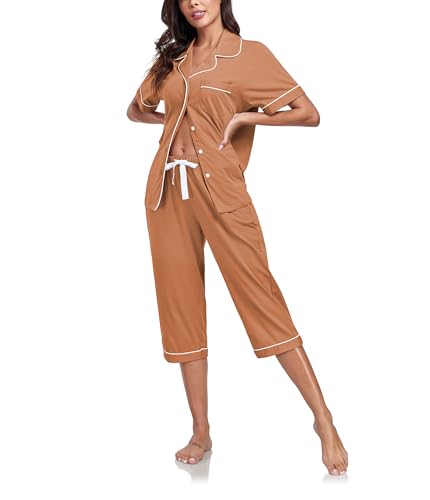 COLORFULLEAF Damen Schlafanzug aus 100% Baumwolle Sommer Pyjama Capri Set Zweiteiliger Kurzarm Top mit Knöpfe und 3/4 Hose(Braun,S) von COLORFULLEAF