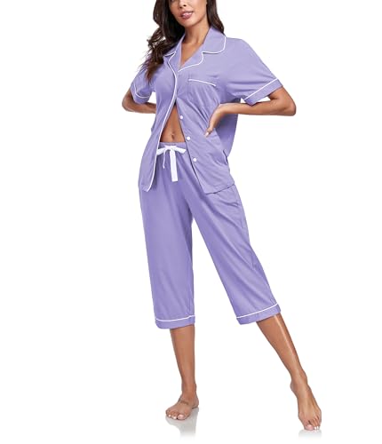 COLORFULLEAF Damen Schlafanzug aus 100% Baumwolle Sommer Pyjama Capri Set Zweiteiliger Kurzarm Top mit Knöpfe und 3/4 Hose(Lavendel,L) von COLORFULLEAF