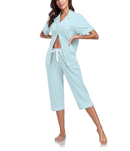 COLORFULLEAF Damen Schlafanzug aus 100% Baumwolle Sommer Pyjama Capri Set Zweiteiliger Kurzarm Top mit Knöpfe und 3/4 Hose(Meersalz Blau,S) von COLORFULLEAF