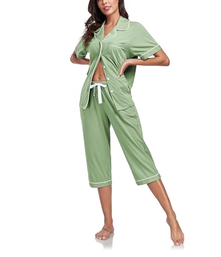 COLORFULLEAF Damen Schlafanzug aus 100% Baumwolle Sommer Pyjama Capri Set Zweiteiliger Kurzarm Top mit Knöpfe und 3/4 Hose(Sage Green,M) von COLORFULLEAF
