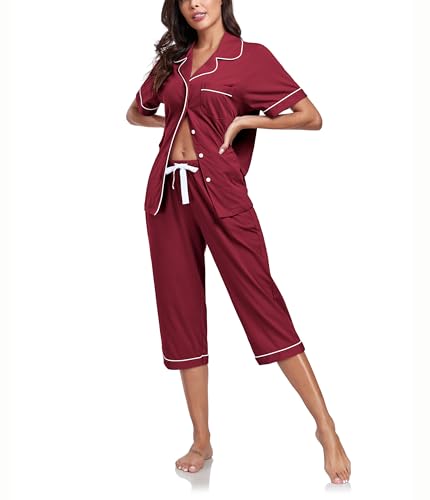 COLORFULLEAF Damen Schlafanzug aus 100% Baumwolle Sommer Pyjama Capri Set Zweiteiliger Kurzarm Top mit Knöpfe und 3/4 Hose(Weinrot,M) von COLORFULLEAF