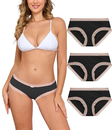 COLORFULLEAF Spitze Damen Unterwäsche Baumwolle Slips Stretch Atmungsaktiver Hipster Unterhosen Mehrpack（3B,L von COLORFULLEAF
