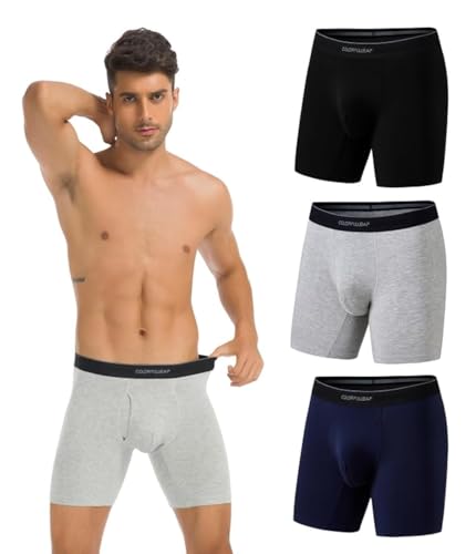 COLORFULLEAF Bambus Boxershorts Herren Lang 3/4er Pack Unterhosen Männer Stretch Atmungsaktiv Unterwäsche mit Eingriff(Schwarz&Marineblau&Grau-3 Pack,L) von COLORFULLEAF