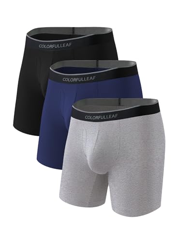 COLORFULLEAF Bambus Boxershorts Herren Lang 3/4er Pack Unterhosen Männer Stretch Atmungsaktiv Unterwäsche mit Eingriff(Schwarz&Marineblau&Grau-3 Pack,XL) von COLORFULLEAF