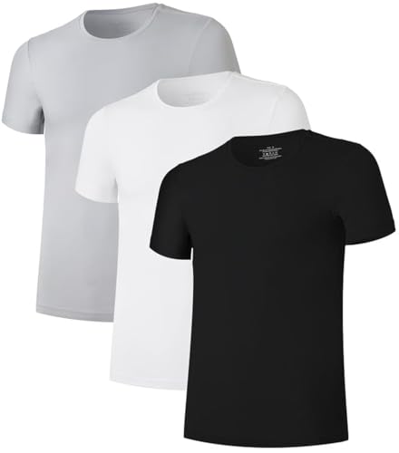 COLORFULLEAF 3/5er Pack Bambus Rundhals T-Shirt Herren Stretch Unterziehshirt Männer Einfarbig Business Arbeitstshirts(Schwarz/Weiß/Grau,S) von COLORFULLEAF