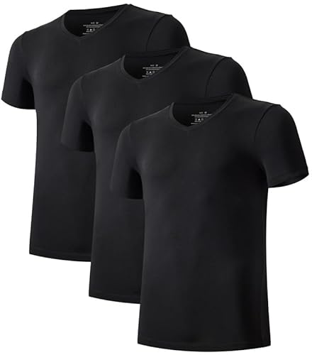 COLORFULLEAF Herren T-Shirt 3er Pack Kurzarm Unterhemd aus Bambus mit Rundhals/V-Ausschnitt Stretch Unterziehshirt Männer(Schwarz,L) von COLORFULLEAF