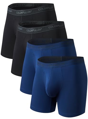COLORFULLEAF Herren-Boxershorts, weiche Bambus-Stretch-Unterwäsche, offener Hosenschlitz, ohne Etikett, normale Beine, 4er-Pack, 2 Schwarz + 2 Blau, Large von COLORFULLEAF