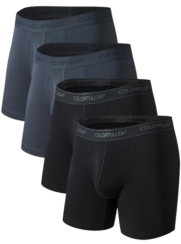 COLORFULLEAF Herren-Boxershorts, weiche Bambus-Stretch-Unterwäsche, offener Hosenschlitz, ohne Etikett, normale Beine, 4er-Pack, 2 Schwarz + 2 Grau, Medium von COLORFULLEAF