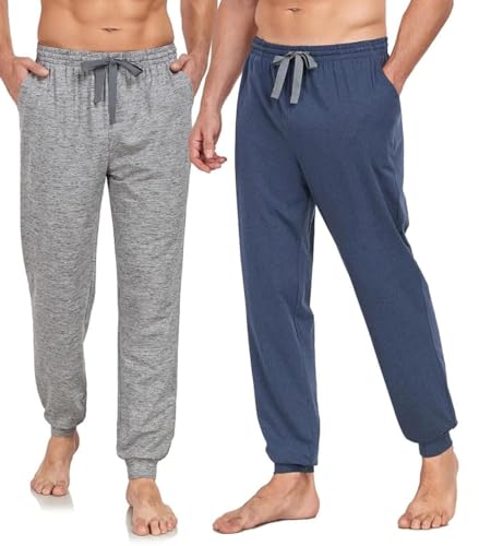 COLORFULLEAF Jogginghose Herren Baumwolle Schlafanzughose Männer Lang Schlafhose Leichte Freizeithose Sweatpants mit Bündchen(Gesünderes Blau*1+Gesünderes Grau*1,S) von COLORFULLEAF