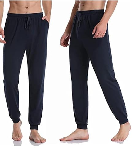 COLORFULLEAF Herren Schlafanzughose Baumwolle Jersey mit Tasche Pyjamahose Lang mit Bündchen Jogginghose Freizeithose(Marineblau*2,M) von COLORFULLEAF